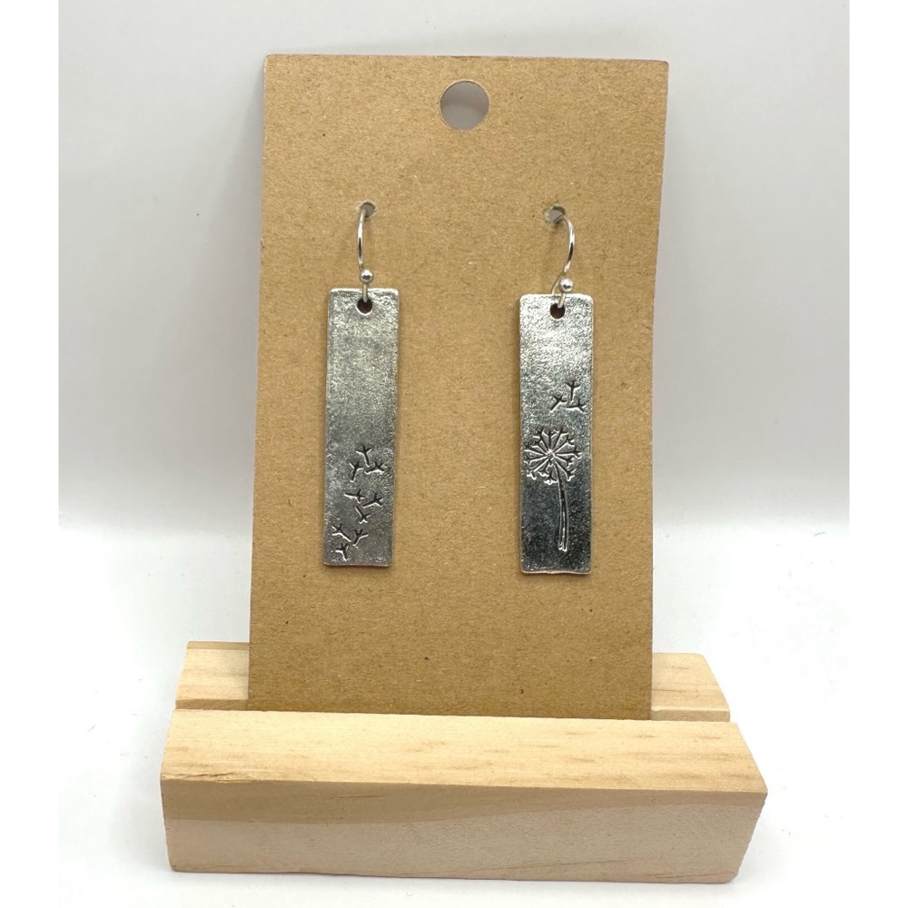 Dandelion earrings are stamped silver-tone bar drop earrings - Picture 1 of 1
